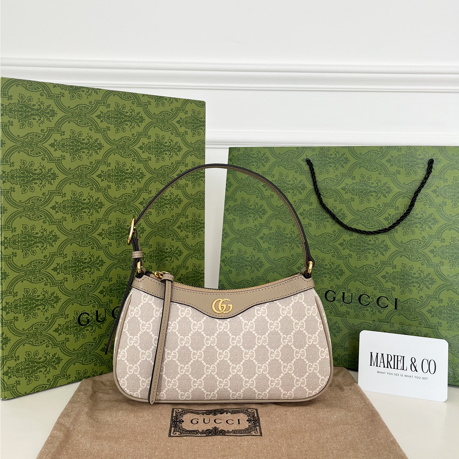 [GG] OPHIDIA SMALL SHOULDER BAG, OATMEAL LEATHER TRIM – BEIGE AND WHITE